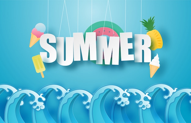 Hello summer poster or banner with hanging text, ice cream, swim ring, pineapple over sea wave in pa