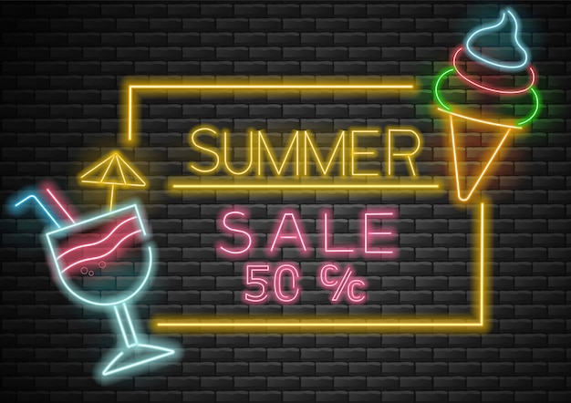 こんにちは夏 販売バナー 夏の背景 ネオンの光 カクテル アイスクリームネオンイラスト プレミアムベクター