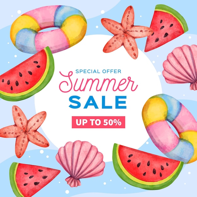 Download Hello summer sale with sea shells and watermelon | Free Vector