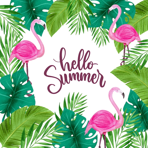 Free Vector | Hello summer surrounded by leaves and flamingo