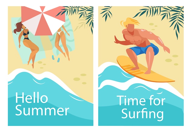 Download Hello summer and time for surfing vertical banners set | Premium Vector