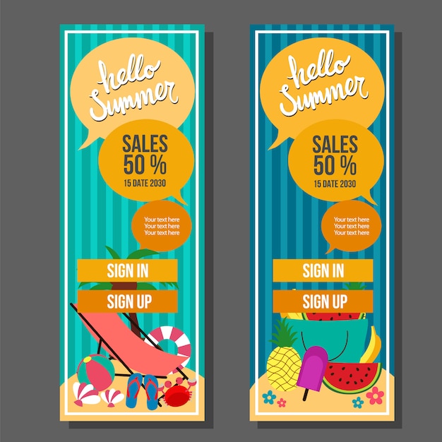 Download Hello summer vertical banner template vintage travel and swim vector illustration | Premium Vector