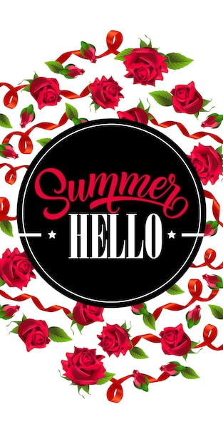 Download Hello summer vertical banner with red ribbons and roses. | Free Vector
