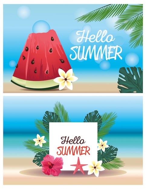 Download Hello summer with watermelon and flowers | Premium Vector
