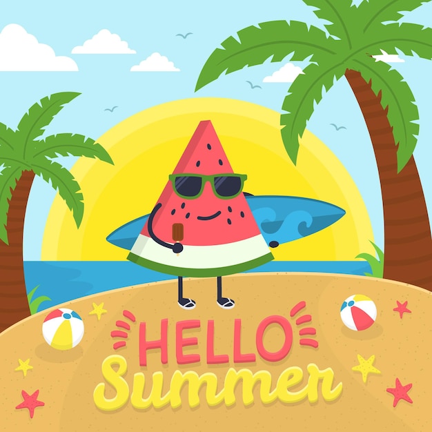 Download Hello summer with watermelon slice on beach | Free Vector