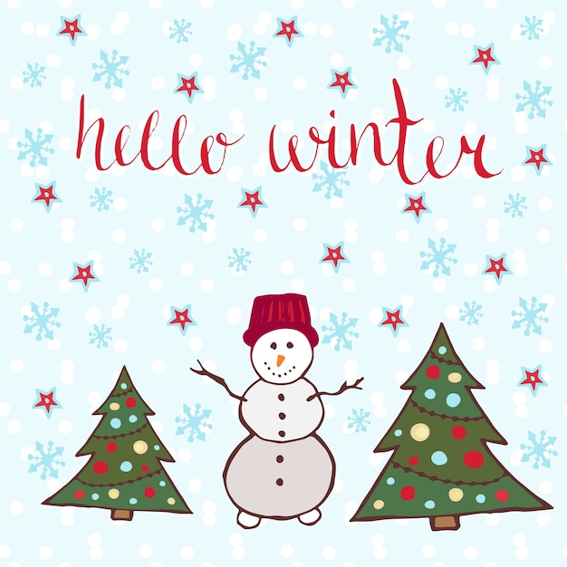 Premium Vector | Hello winter card. dancing snowman with new year trees