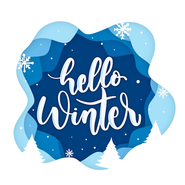 Hello winter lettering on blue background with snowflakes | Free Vector