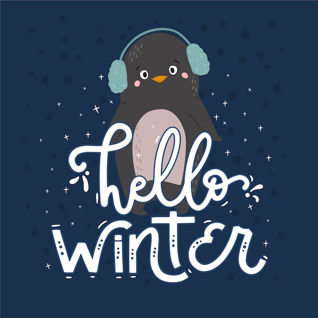 Download Hello winter lettering with penguin | Free Vector