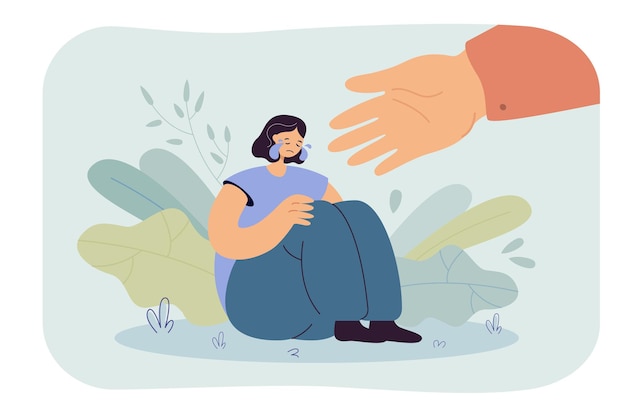 Illustration of a helping hand reaching out for a crying person. 