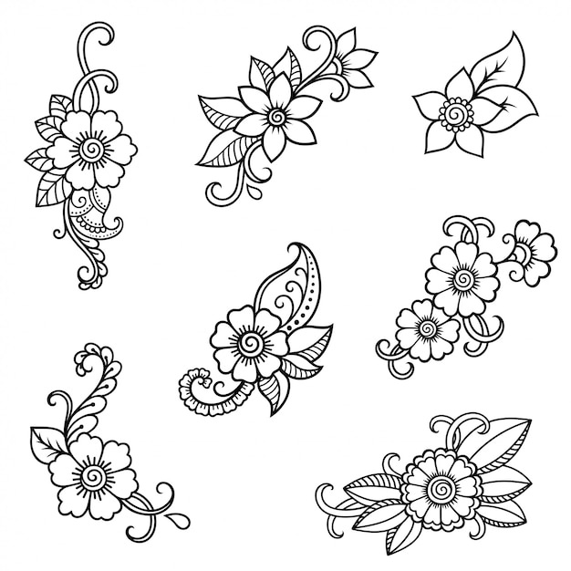 Henna tattoo flower template. mehndi style. set of ornamental patterns in the oriental style. Premiu