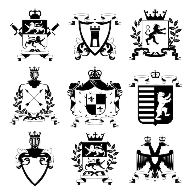 紋章紋章家紋と盾のエンブレムデザイン黒いアイコンコレクション抽象的な分離ベクトル図 無料のベクター