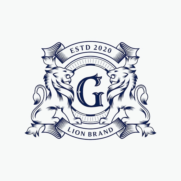 紋章ライオンブランドのロゴデザイン プレミアムベクター