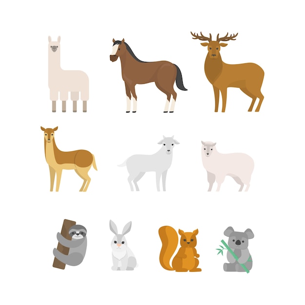 草食動物セット 森から哺乳類のコレクション 鹿とリス 馬と羊 図 プレミアムベクター