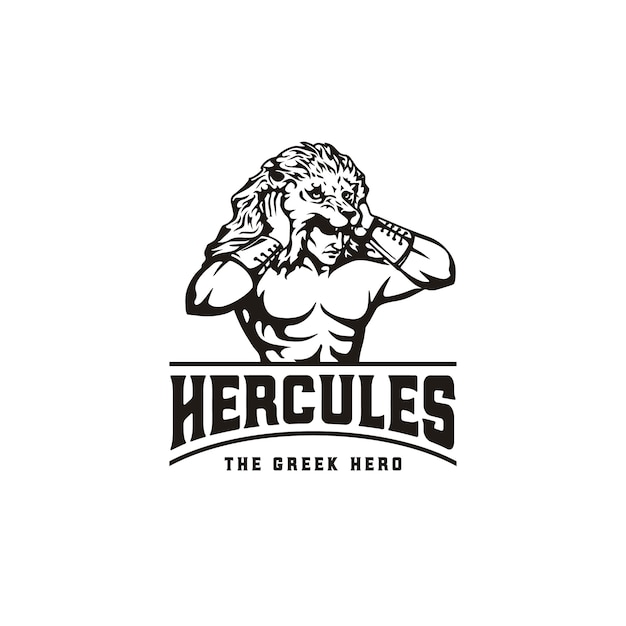 ヘラクレスヘラクレスライオンヘッドドレス 筋肉神話ギリシャの戦士のロゴデザイン プレミアムベクター