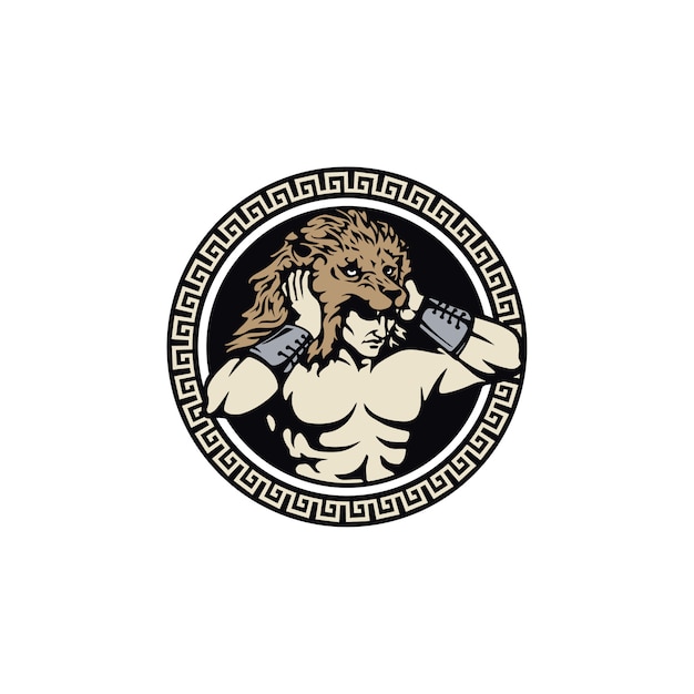ヘラクレスヘラクレスライオンヘッドドレス 筋肉の神話ギリシャの戦士とサークルエンブレムバッジパターンフレームのロゴデザイン プレミアムベクター