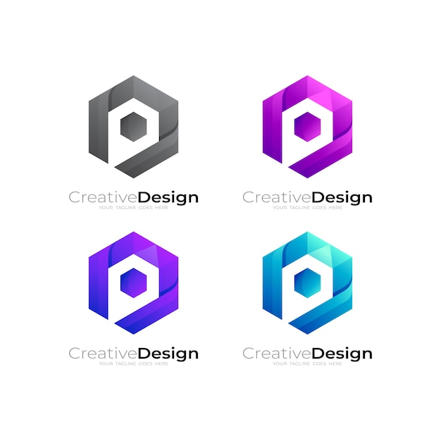 矢印のデザインイラストと六角形のロゴ プレミアムベクター