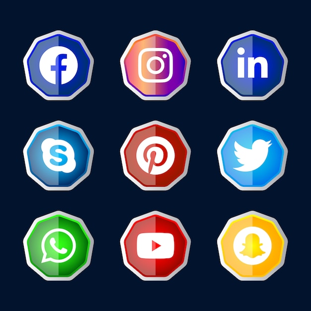 Premium Vector | Hexagonal shiny silver frame social media icons button ...