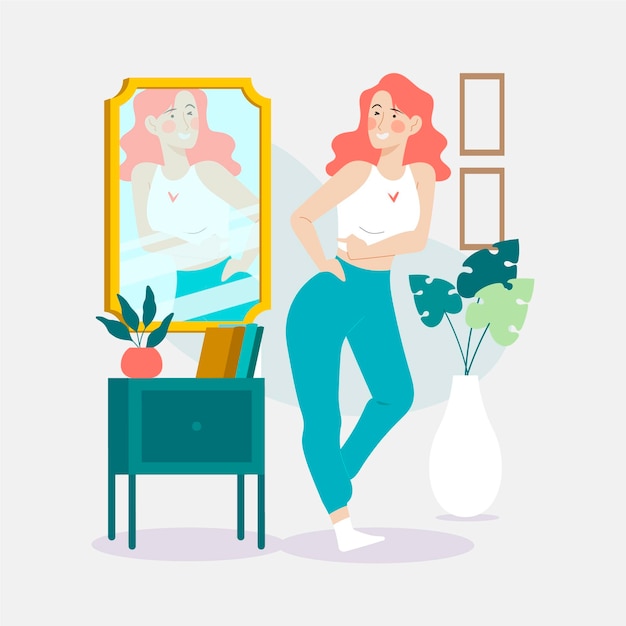 Premium Vector | High self-esteem illustration with woman and mirror