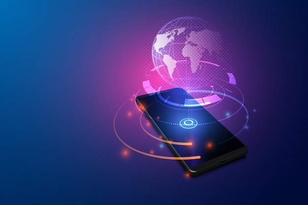 High speed communications with world wide web from anywhere in world via phone mobile internet. Premium Vector