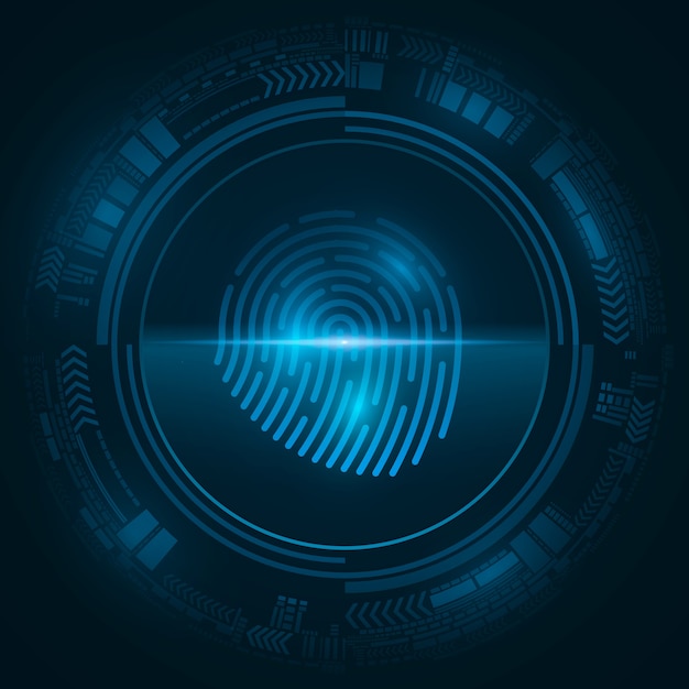 Hudインターフェース要素を備えたコンピューターシステムのセキュリティのためのハイテク指紋 南京錠をスキャンします 抽象的な青いサイバーサークル プレミアムベクター