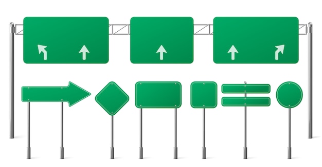 Free Vector Highway Green Road Signs Blank Signage Boards On Steel Poles For Pointing City Traffic Direction