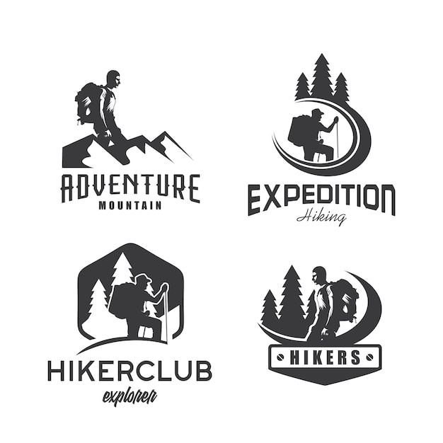 ハイカーの探検冒険ロゴデザインテンプレートセット プレミアムベクター