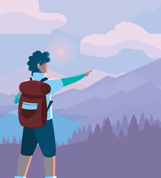 Premium Vector | Hiker man and landscape with bag