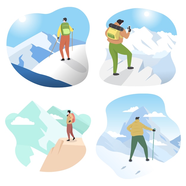 Premium Vector Hiker Mountaineer Man Standing On Top Ice Snow