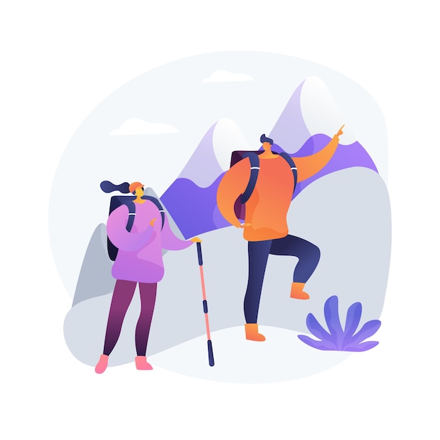 ハイキング抽象的な概念ベクトルイラスト アクティブなライフスタイル 登山 アウトドアキャンプ トレッキングトレイル 田舎の散歩 旅行の冒険 極端な観光 旅行の抽象的な比喩 無料のベクター