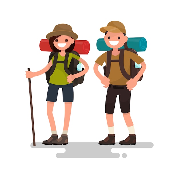 Premium Vector | Hiking tourists. young family couple illustration