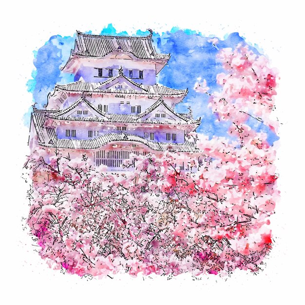 姫路城日本水彩スケッチ手描きイラスト プレミアムベクター
