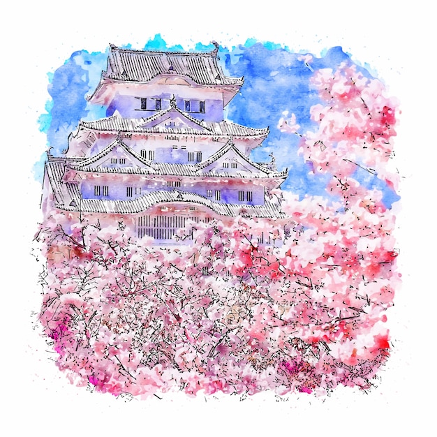 Download Premium Vector | Himeji castle japan watercolor sketch hand drawn illustration