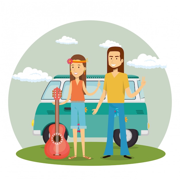 Premium Vector | Hippie couple with a guitar and a van