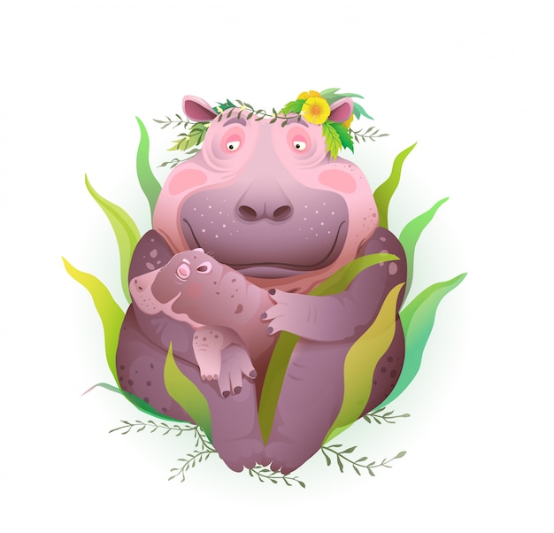 カバの母が彼女の手で子供を抱いて 草や花を持つ自然の中で彼女の生まれたばかりの赤ちゃんの世話をします 芸術的な動物の子供と母性のイラスト 孤立したクリップアートが大好きです プレミアムベクター