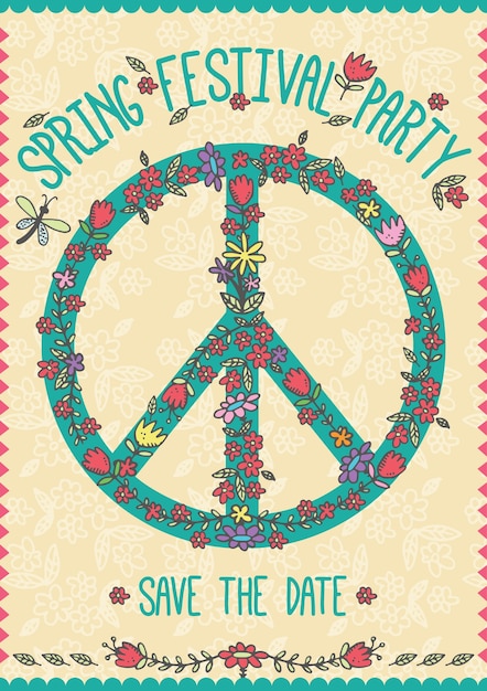 Hippy symbol with flowers spring card
