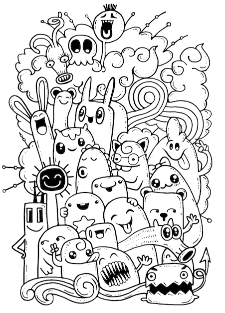 Premium Vector | Hipster hand drawn crazy doodle monster group