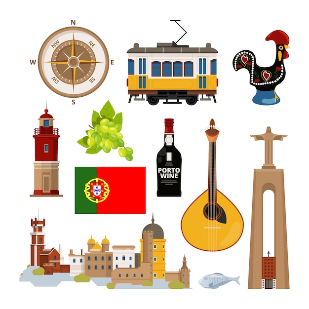 ポルトガルリスボンの歴史的シンボル アイコンセット ポルトガルのランドマーク 灯台と楽器 輸送トラムと建築イラスト プレミアムベクター