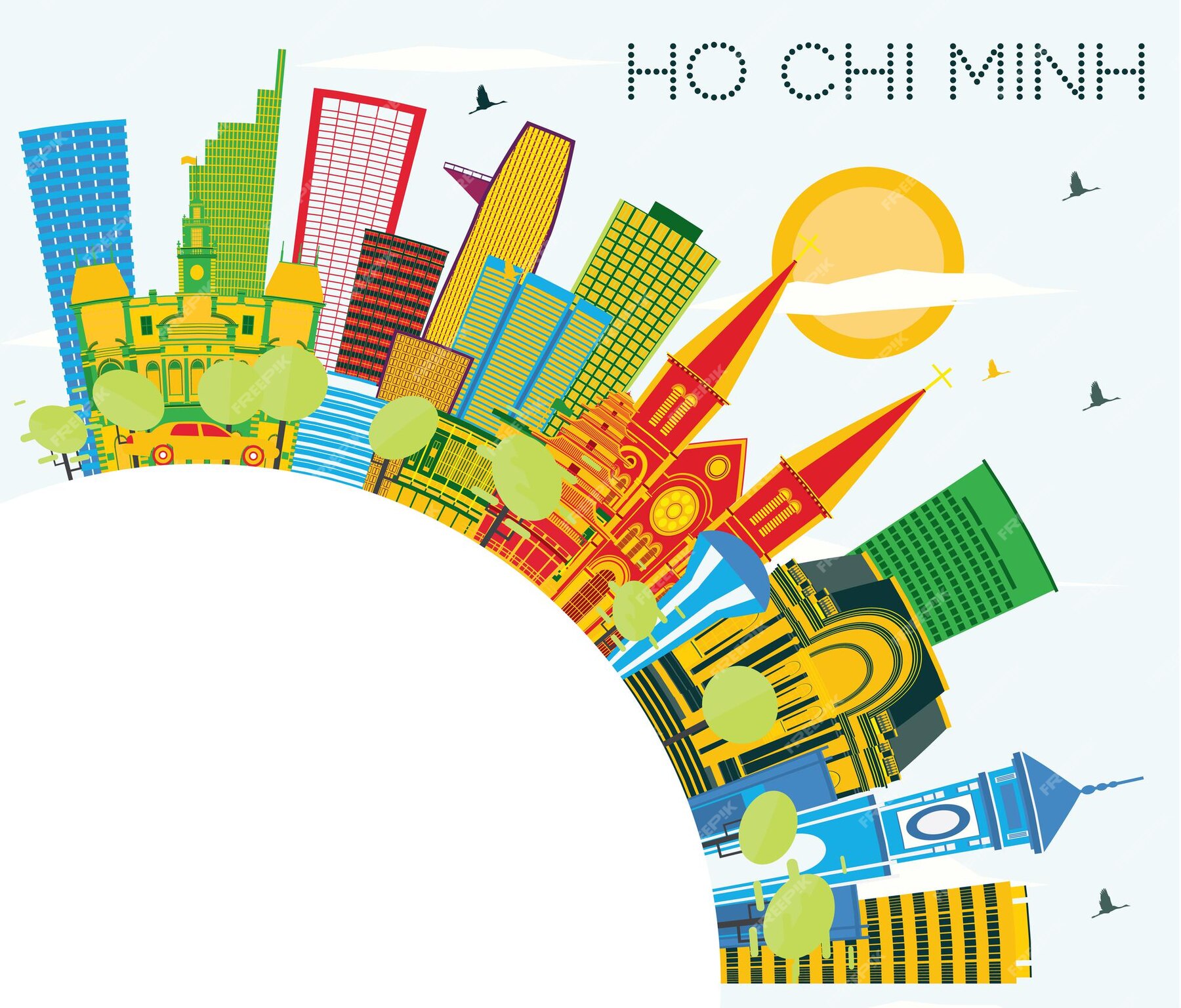 Premium Vector | Ho chi minh skyline with color buildings, blue sky and ...