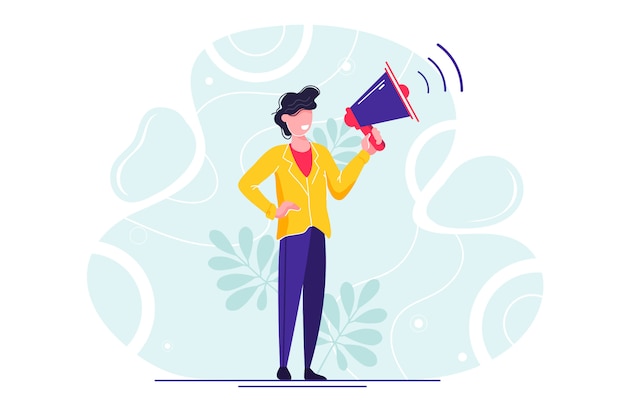 Holding megaphone and shouting in it Premium Vector