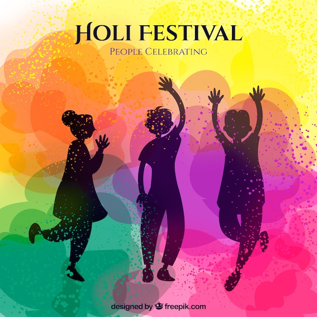 Holi background with silhouettes of dancing\
people