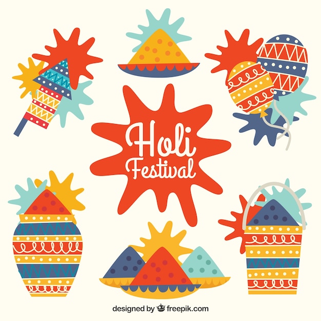 Free Vector | Holi festival elements collection of six