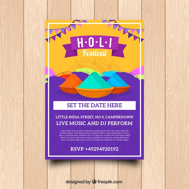 Holi Festival Party Flyer In Flat Design Free Vector