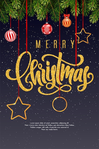メリークリスマスとクリスマスボール モミの木の枝に金色の手書き文字でホリデーギフトカード プレミアムベクター