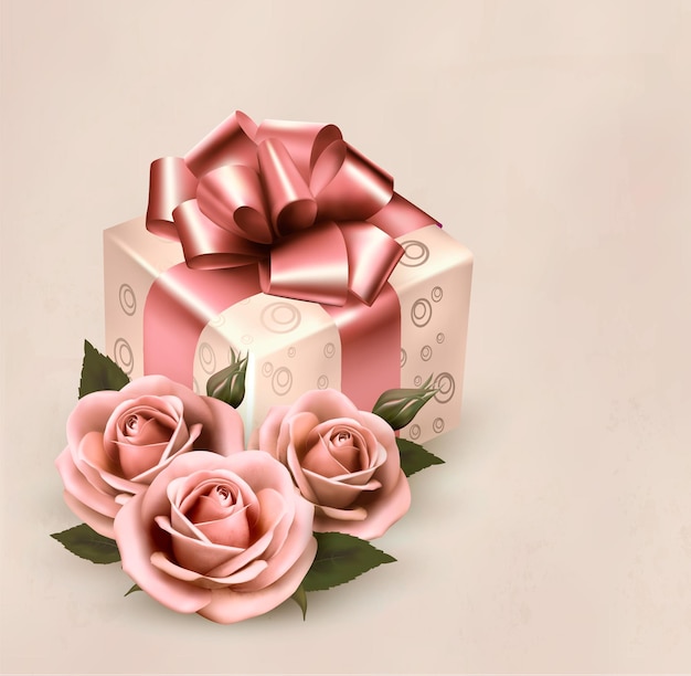 Premium Vector Holiday Retro Pink Roses And Gift Box