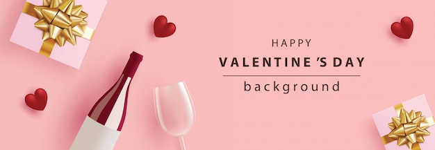 休日のバレンタインの日banner Realisticギフトボックス ワインボトル ワイングラス グリーティングカード ヘッダー ウェブサイトのピンクの赤いハート プレミアムベクター