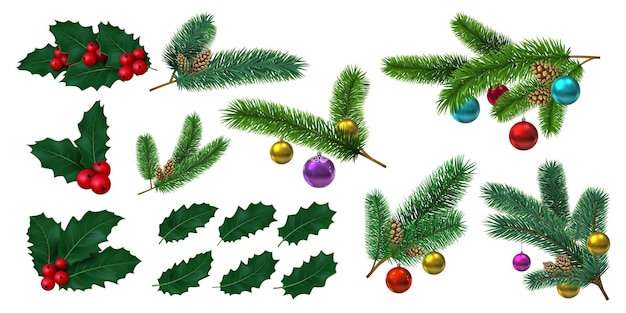 ホリーの葉は赤いベリーで モミの枝はクリスマスボールで リアルなヤドリギの装飾 松ぼっくり クリスマスの装飾ベクトルセット ベリーと赤いクリスマスの枝の イラスト プレミアムベクター