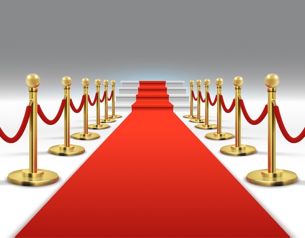 Hollywood luxury and elegant red carpet with stairs in perspective vector illustration. Premium Vector