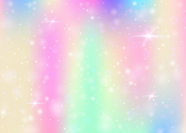 虹のメッシュとホログラムの背景 プリンセスカラーのガーリーユニバースバナー ファンタジーグラデーションの背景 妖精の輝き 星 ぼやけたホログラムユニコーンの背景 プレミアムベクター