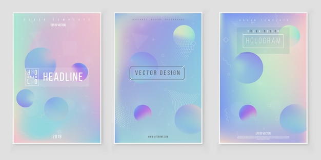 Holographic foil gradient iridescent background set bright trendy minimal hologram Premium Vector