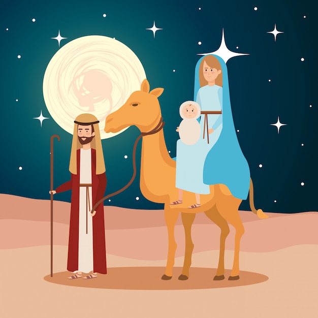 Download Holy family with camel manger characters | Premium Vector